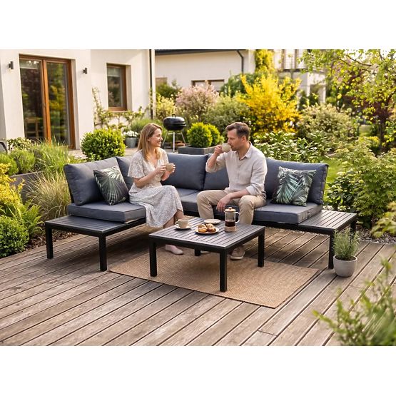 Rohový Balkónový Oceľový Kávový Stolík 2 Pohovky s Opierkami VENTO Čierny