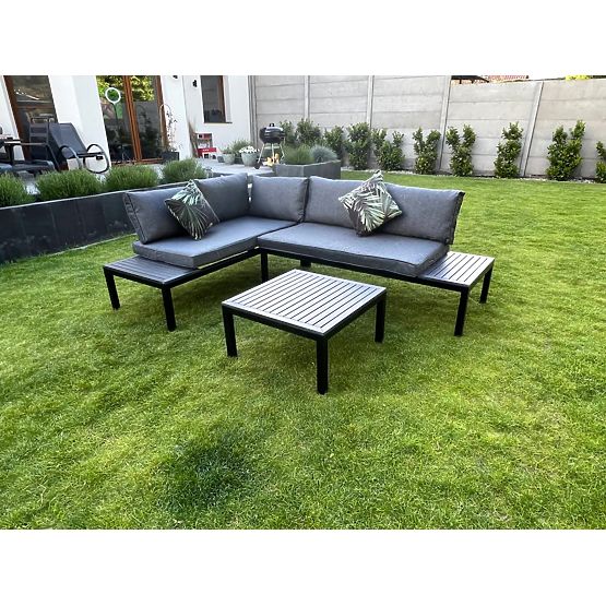 Rohový Balkónový Oceľový Kávový Stolík 2 Pohovky s Opierkami VENTO Čierny