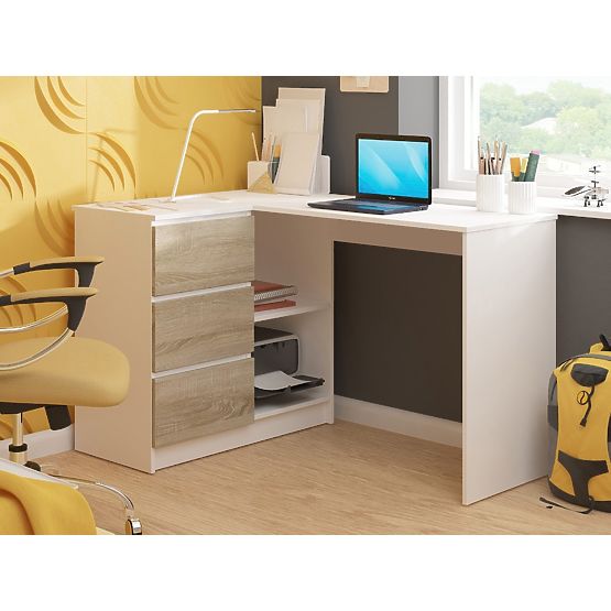 ROHOVÝ PÍSACÍ STÔL B16 124 cm ĽAVÝ 3 ZÁSUVKY PK BIELA / SONOMA