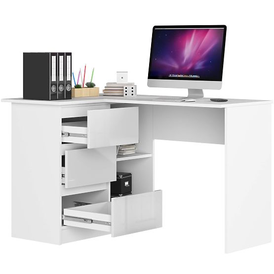 ROHOVÝ PÍSACÍ STÔL B16 124 cm ĽAVÝ 3 ZÁSUVKY PK BIELY / BIELY LESK