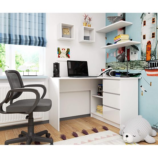 ROHOVÝ PÍSACÍ STÔL B16 124 cm PRAVÝ 3 ZÁSUVKY PK BIELY / BIELY LESK