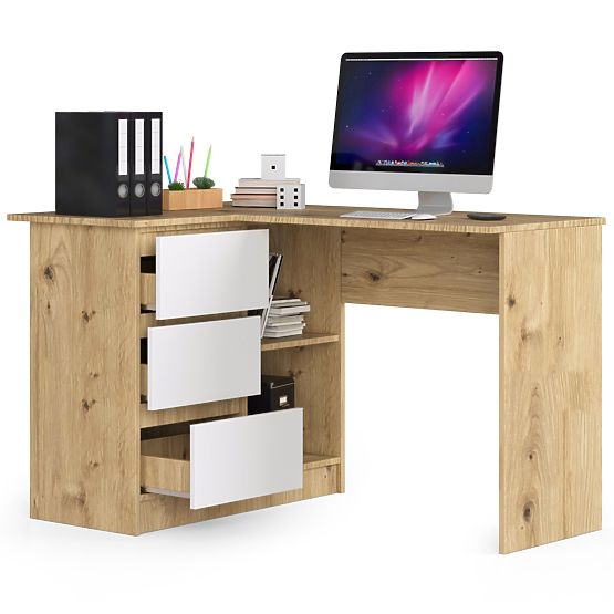 ROHOVÝ PÍSACÍ STÔL B16 CLP ĽAVÝ DUB ARTISAN / BIELY