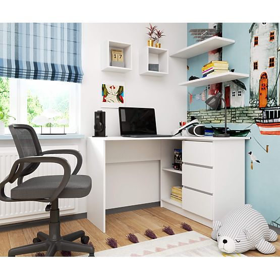 ROHOVÝ STÔL B16 124 cm PRAVÝ 3 ZÁSUVKY PK BIELY