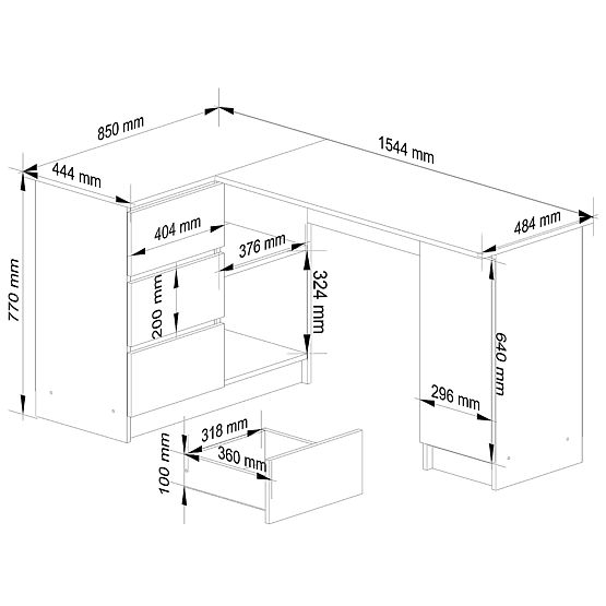 ROHOVÝ STÔL B20 155 cm ĽAVÝ PK BIELY LESK