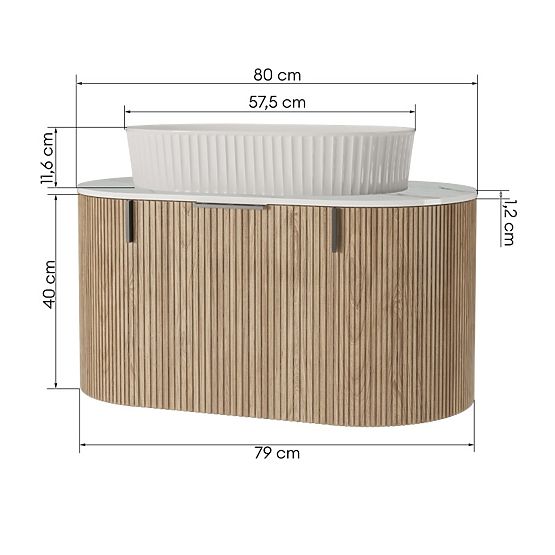 Sada skrinka s doskou a umývadlom La simplicite 80 cm, drážkovaná, zaoblená, Glit White/dub