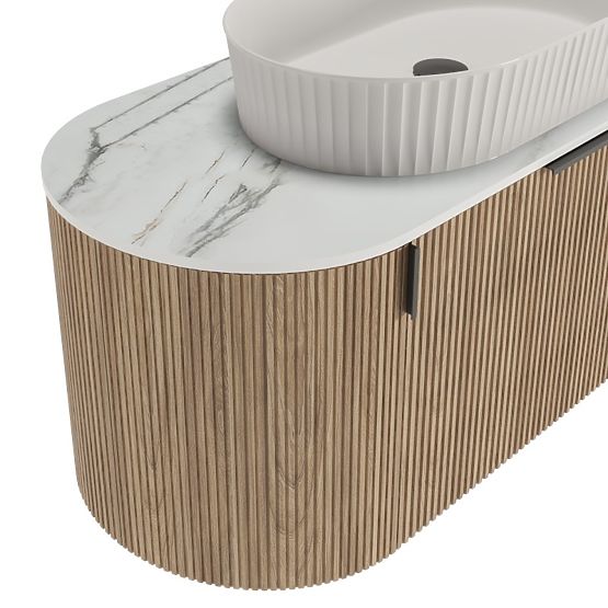 Sada skrinky s doskou a umývadlom La simplicite 100 cm, ryhovaná, zaoblená, Glit White/dub