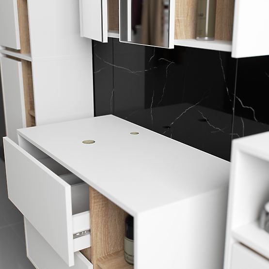 SADA ZÁVESNÉHO KÚPEĽŇOVÉHO NÁBYTKU S OTVORMI VAMI BIELA / DUB SONOMA