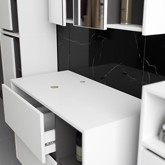 SADA ZÁVESNÉHO KÚPEĽŇOVÉHO NÁBYTKU S OTVORMI VAMI BIELA / GRAFITOVÁ SIVÁ