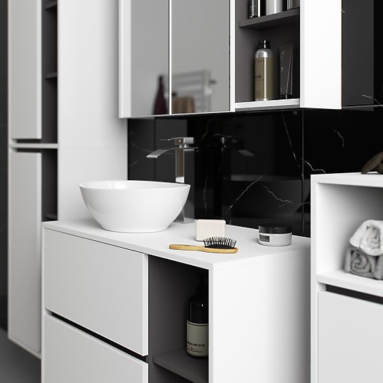 SADA ZÁVESNÉHO KÚPEĽŇOVÉHO NÁBYTKU S OTVORMI VAMI BIELA / GRAFITOVÁ SIVÁ