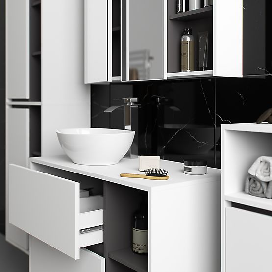 SADA ZÁVESNÉHO KÚPEĽŇOVÉHO NÁBYTKU S OTVORMI VAMI BIELA / GRAFITOVÁ SIVÁ