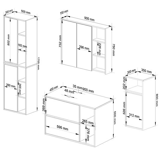 SADA ZÁVESNÉHO KÚPEĽŇOVÉHO NÁBYTKU S OTVORMI VAMI BIELA / GRAFITOVÁ SIVÁ