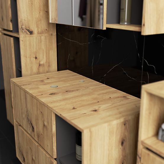 SADA ZÁVESNÉHO KÚPEĽŇOVÉHO NÁBYTKU S OTVORMI VAMI DUB ARTISAN / GRAFIT ŠEDÝ