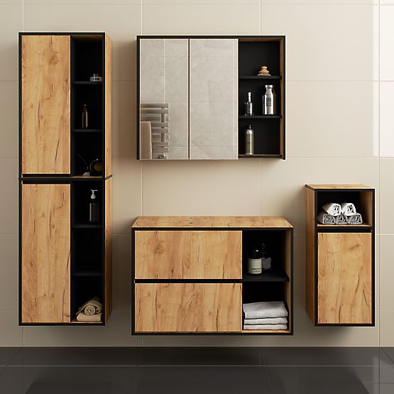 SADA ZÁVESNÉHO KÚPEĽŇOVÉHO NÁBYTKU S OTVORMI VAMI DUB CRAFT / ČIERNA