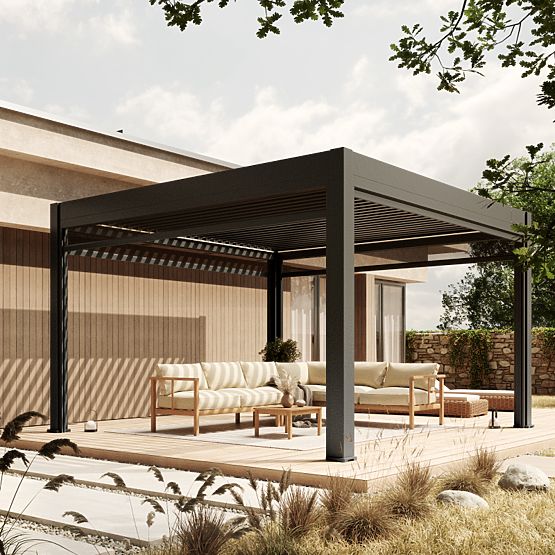 Samostatne stojaca záhradná pergola Lumera z hliníka, 4x4 m, bioklimatická, LED osvetlenie, elektric