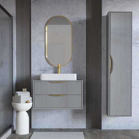 Skrinka pod umývadlo na dosku Avila 2.0, 80 cm, ryhovaná, zlaté úchyty, sivá