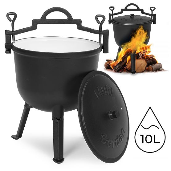 Smalcovaný liatinový kotlík 10L stojaci lovecký hrniec ohnisko gril MultiGarden