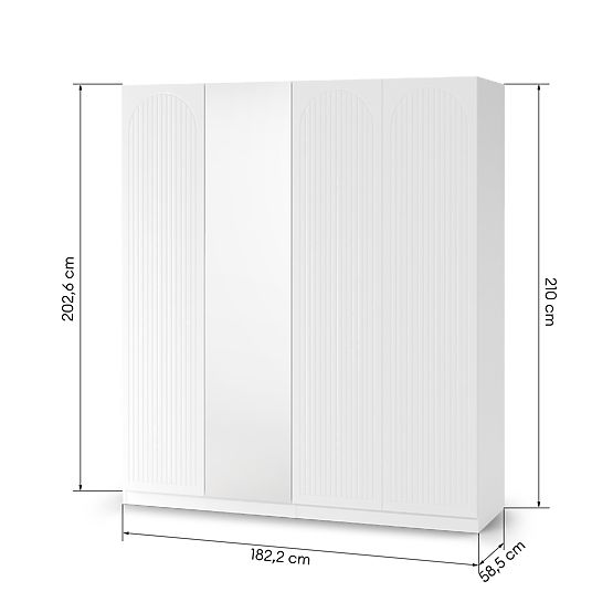 Štvordverová skriňa Neroli, drážky v oblúku/zrkadlo, biela