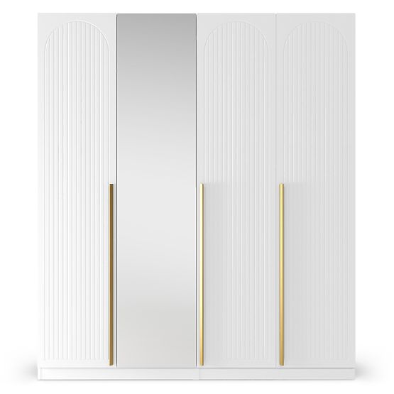 Štvordverová skriňa Neroli, drážky v oblúku/zrkadlo, biela