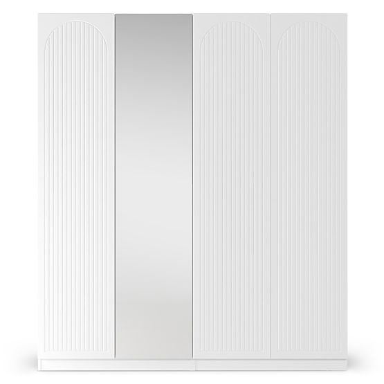 Štvordverová skriňa Neroli, drážky v oblúku/zrkadlo, biela