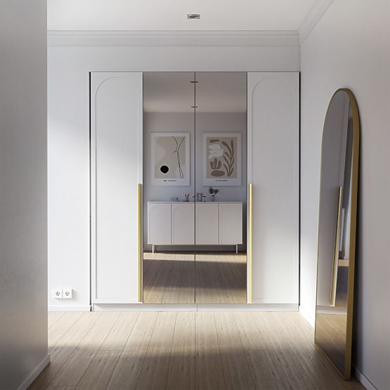 Štvordverová skriňa Neroli, oblúk/zrkadlo, biela