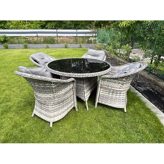 Súprava stolového nábytku z technoratanu (4 kreslá + okrúhly stôl) MODERNO svetlosivá