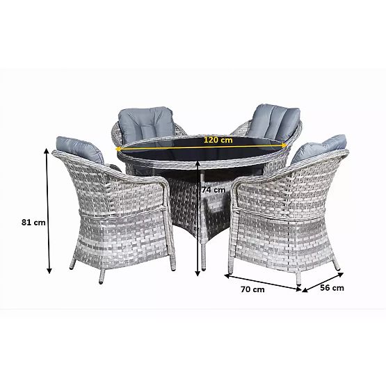 Súprava stolového nábytku z technoratanu (4 kreslá + okrúhly stôl) MODERNO svetlosivá