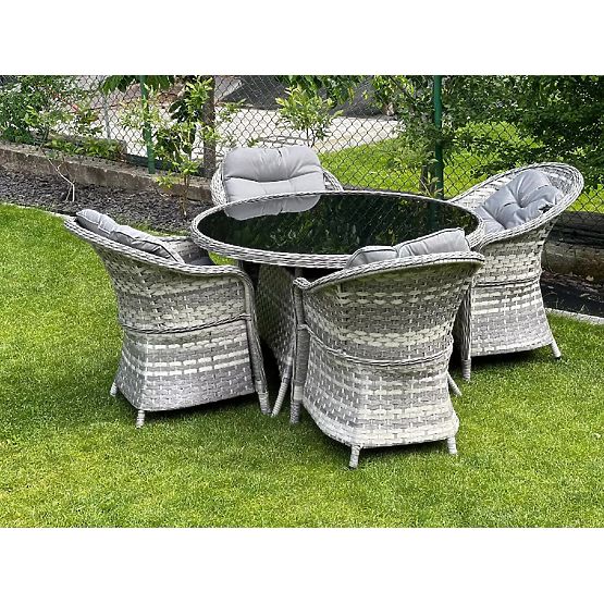 Súprava stolového nábytku z technoratanu (4 kreslá + okrúhly stôl) MODERNO svetlosivá