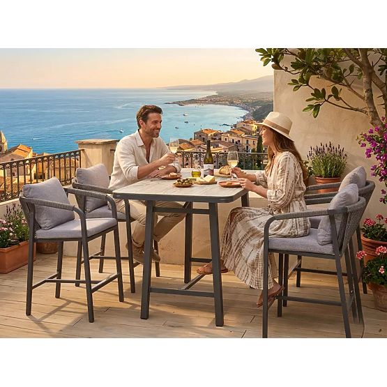 Súprava záhradného nábytku (4 barové stoličky + vysoký stôl) BREZZA sivá