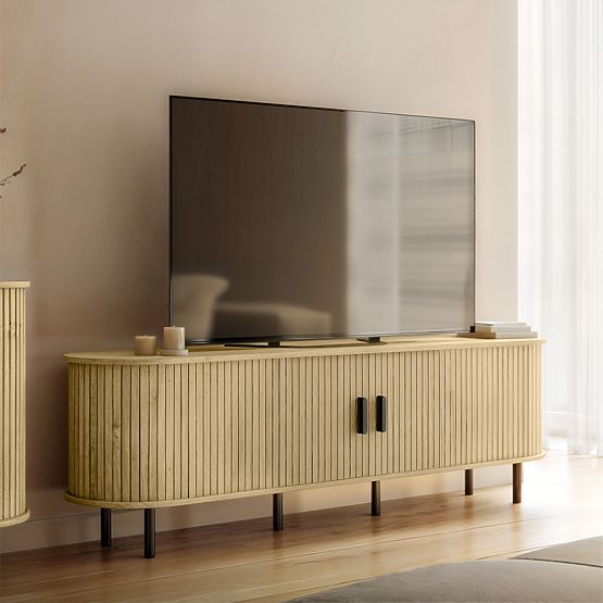 Uzavretá TV skrinka Gliss, zaoblená, lamely, svetlý dub