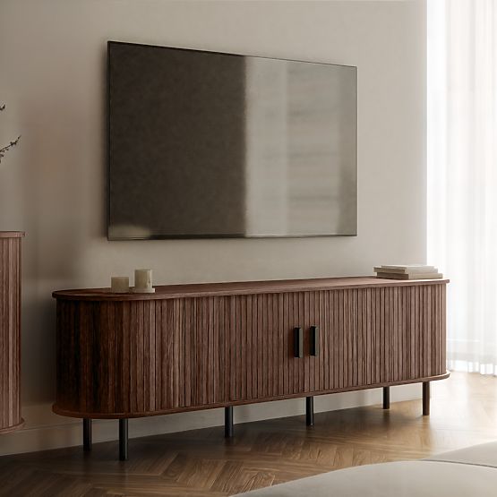 Uzavretá TV skrinka Gliss, zaoblená, lamely, tmavý orech