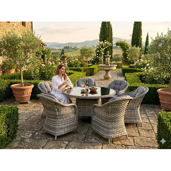 Veľká jedálenská súprava z technoratanu (6 kresiel + stôl) MODERNO svetlosivá