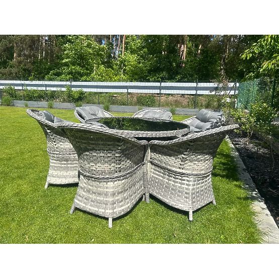 Veľká jedálenská súprava z technoratanu (6 kresiel + stôl) MODERNO svetlosivá