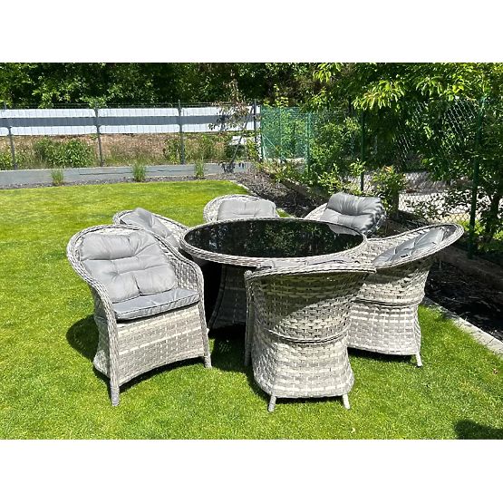 Veľká jedálenská súprava z technoratanu (6 kresiel + stôl) MODERNO svetlosivá