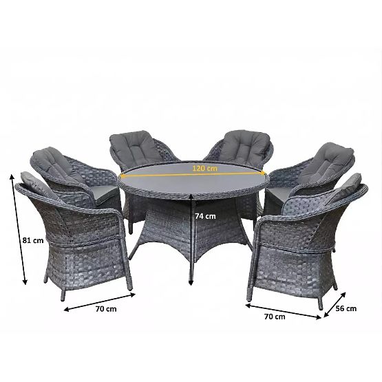 Veľká jedálenská súprava z technoratanu (6 kresiel + stôl) MODERNO svetlosivá