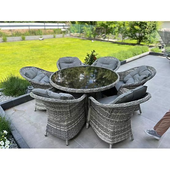 Veľká jedálenská súprava z technoratanu (6 kresiel + stôl) MODERNO svetlosivá