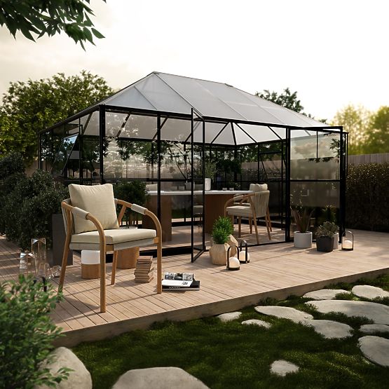 Záhradná oranžéria EcoGlass Gazebo Standard so základom 12 m² tvrdené sklo 4 mm, polykarbonát 6 mm