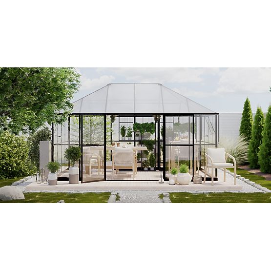 Záhradná oranžéria EcoGlass Gazebo Standard so základom 12 m² tvrdené sklo 4 mm, polykarbonát 6 mm