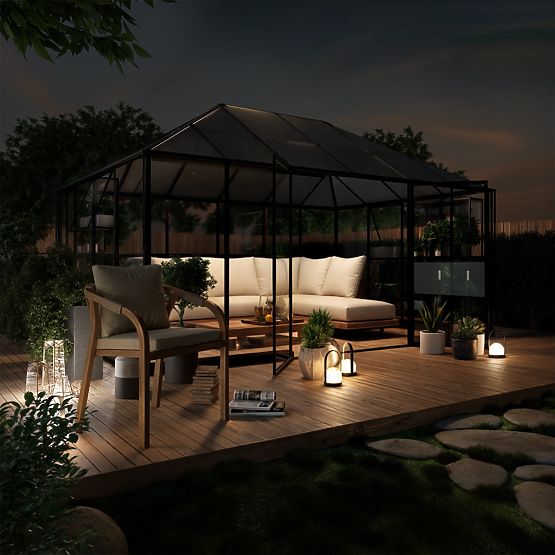 Záhradná oranžéria EcoGlass Gazebo Standard so základom 12 m² tvrdené sklo 4 mm, polykarbonát 6 mm