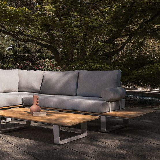 Záhradná rohová sedacia súprava so stolíkom San Piero, teakové FSC drevo, sivá/prírodná