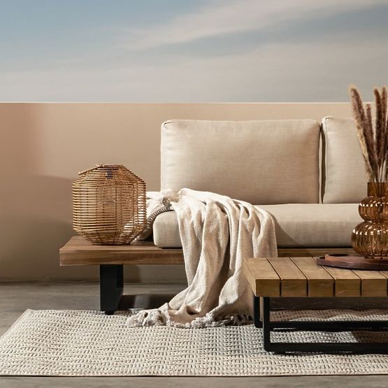 Záhradná rohová sedačka so stolíkom Borgo, akáciové drevo FSC, teakový vzhľad, béžová