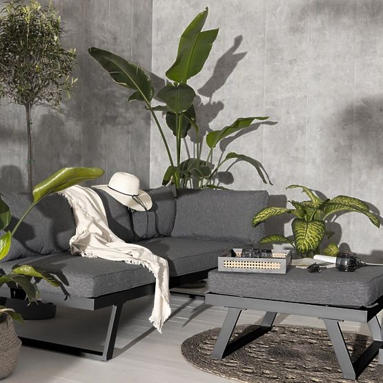 Záhradná rohová sedačka so stolíkom Lafoole Lunge, spun-poly, tmavo sivá