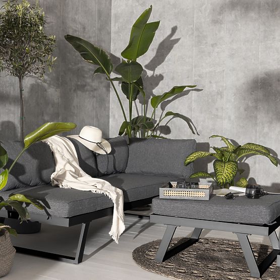 Záhradná rohová sedačka so stolíkom Lafoole Lunge, spun-poly, tmavo sivá