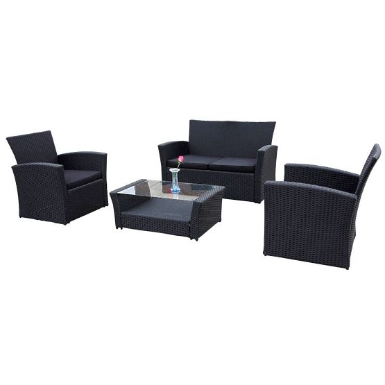 Záhradný nábytok z technoratanu (sofa 123cm, 2 x kreslo + stolík) UNICO čierny
