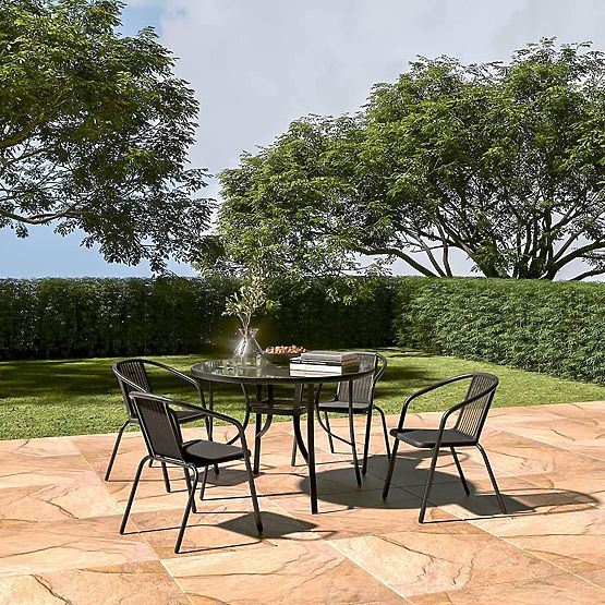 Záhradný okrúhly stôl 105 cm na terasu, záhradu, balkón, tvrdené sklo, otvor na slnečník MultiGarden