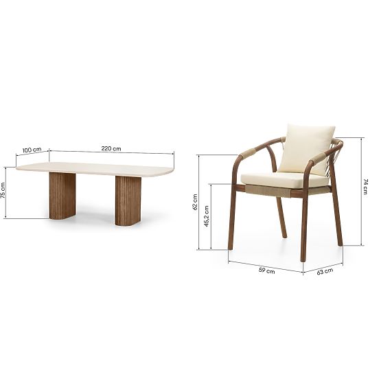 Záhradný set Rovigo stôl s kamennou doskou 220 cm a 4 stoličky s pleteným lanom, tmavé drevo