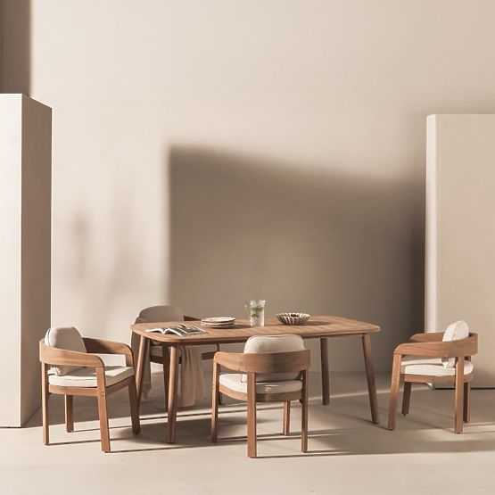 Záhradný set Satori, stôl 183 cm + 4 stoličky, akáciové drevo FSC, teakový vzhľad, béžový, zaoblený