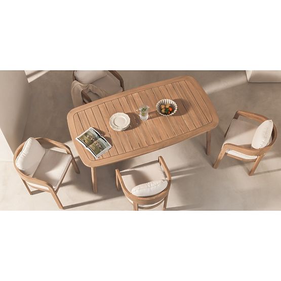 Záhradný set Satori, stôl 183 cm + 4 stoličky, akáciové drevo FSC, teakový vzhľad, béžový, zaoblený