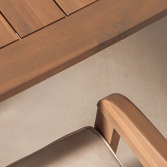 Záhradný set Satori, stôl 183 cm + 4 stoličky, akáciové drevo FSC, teakový vzhľad, béžový, zaoblený