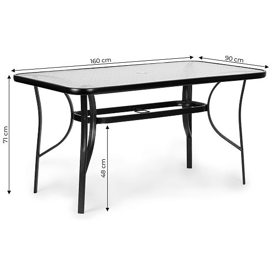 Záhradný stôl 160x90 cm tvrdené sklo veľká doska na terasu záhradu otvor na slnečník MultiGarden