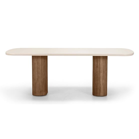 Záhradný stôl Rovigo 220 cm s kamennou doskou, tmavé akáciové drevo/svetlo béžový, oblé tvary, l